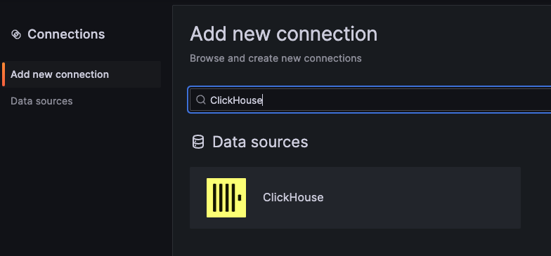 Select the ClickHouse plugin on the connections page - Zoomed